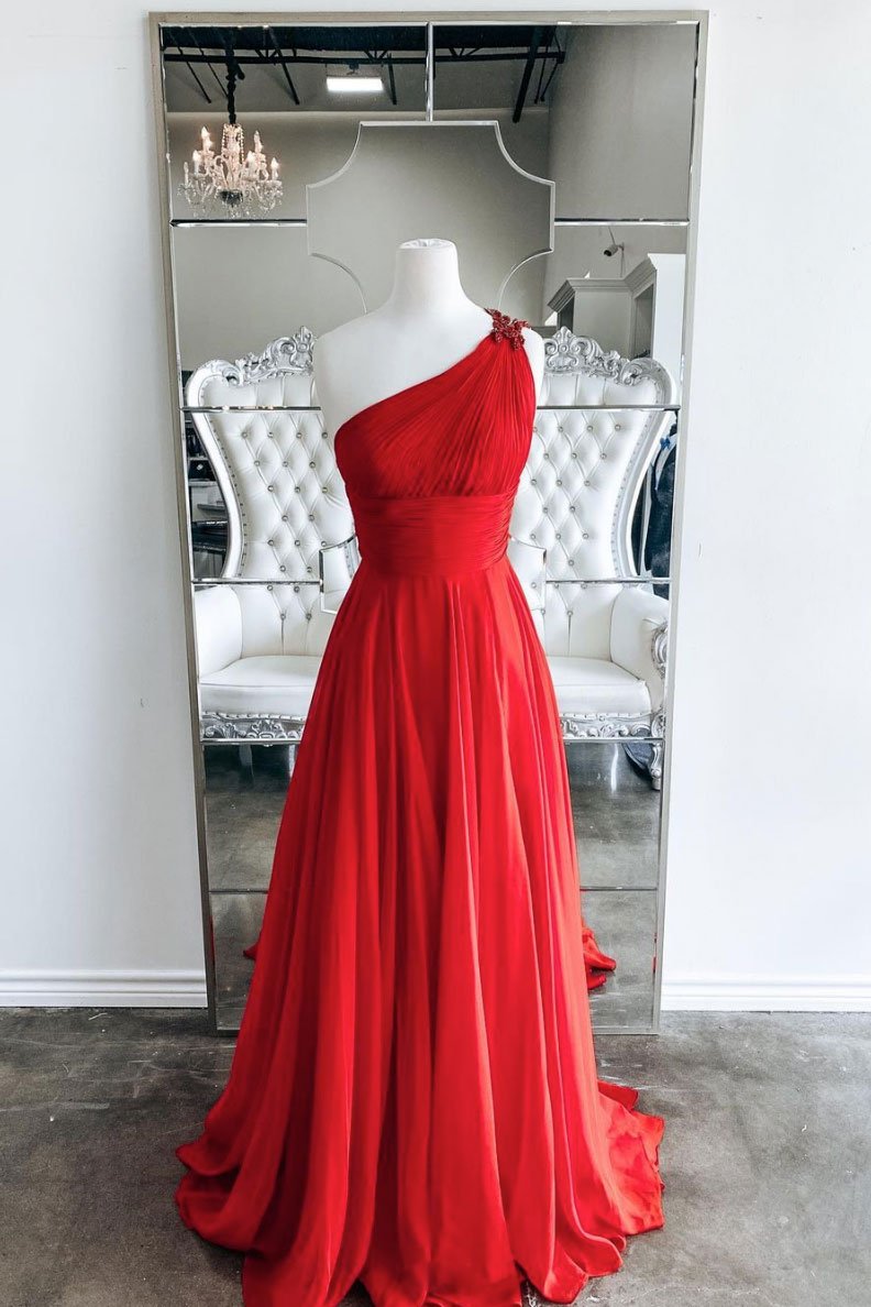 Red one shoulder long prom dress red evening dress cg15185