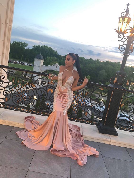 A-line V Neck Mermiad Long Prom Dress With Train, Appliques Prom Dress cg15201