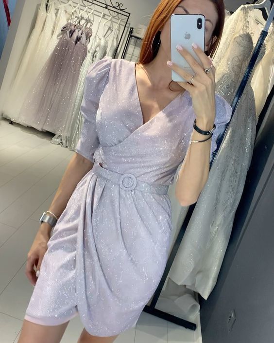 Simple V Neck Shiny Homecoming Dress cg15222