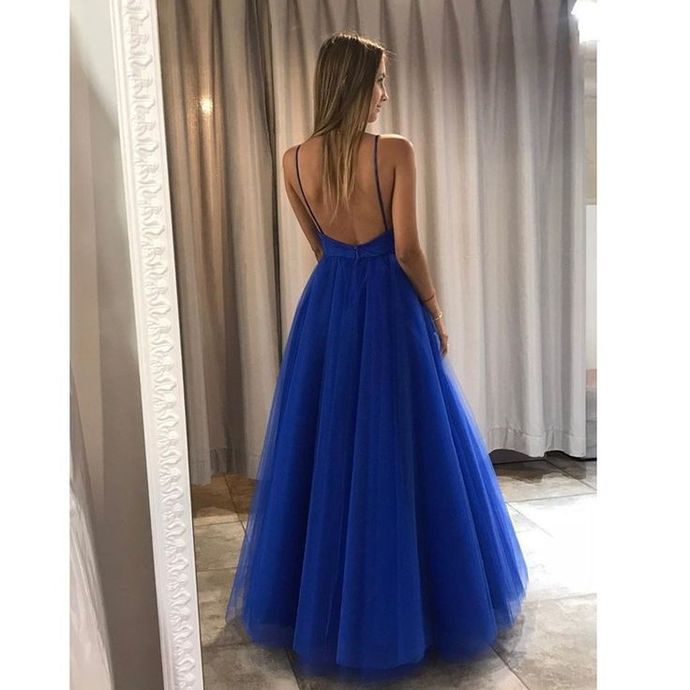 Simple Royal Blue Tulle A-line Spaghetti Straps Girls Long Prom Dress cg15226