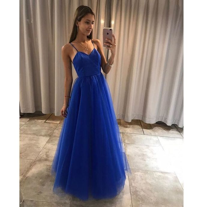 Simple Royal Blue Tulle A-line Spaghetti Straps Girls Long Prom Dress cg15226