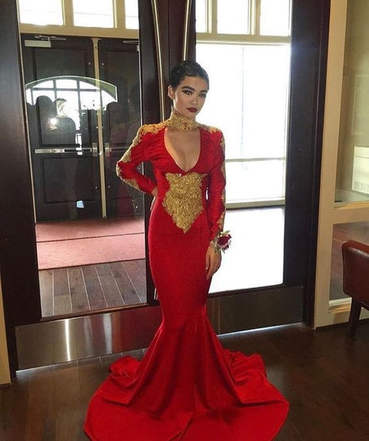 Rotes Meerjungfrau-Ballkleid mit goldener Spitze cg15230