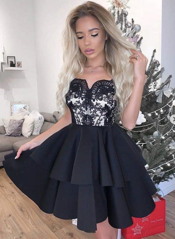 Black satin lace short homecoming dress cg15251