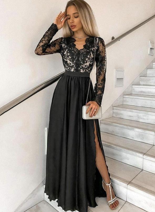 Black v neck lace long prom dress evening dress cg15252