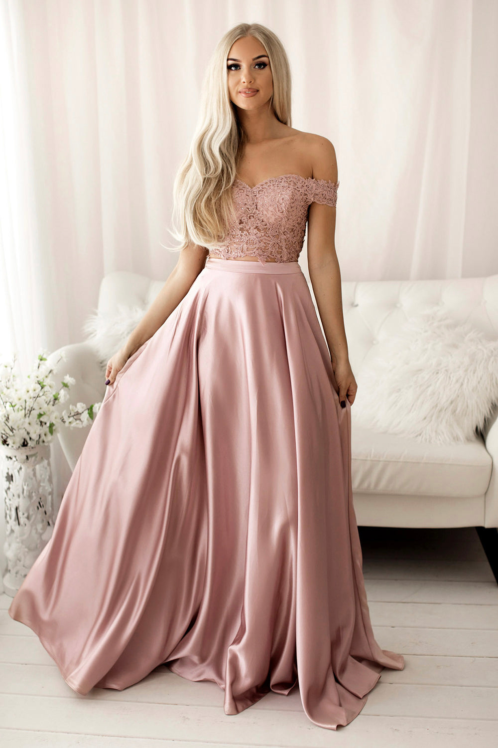 PINK LACE LONG PROM DRESS TWO PIECES EVENING DRESS cg15253