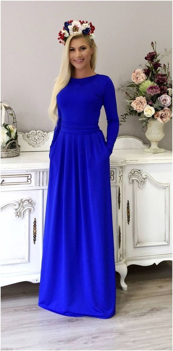 Royal Blue Round Neck Long Sleeves Prom Dress With Pockets cg15283