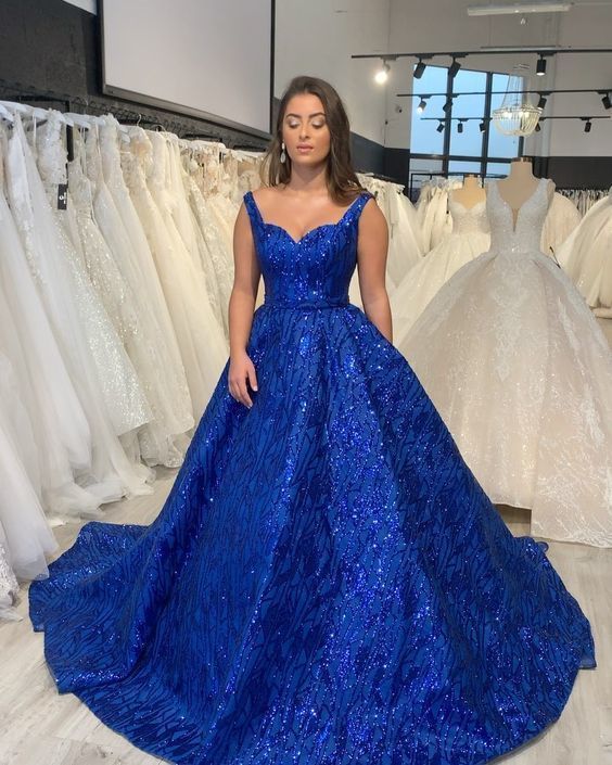 A-line V Neck Royal Blue Prom Dress, Shiny Prom Dress cg15284