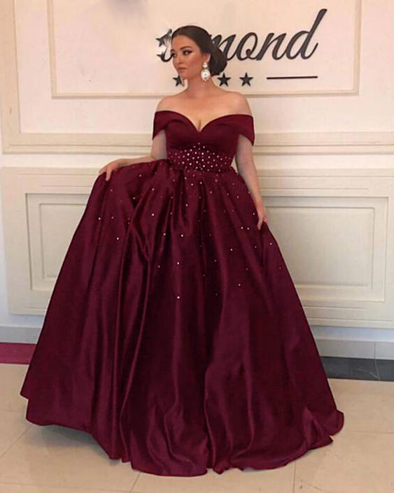New burgundy off the shoulder beading long dress prom Dress cg15295