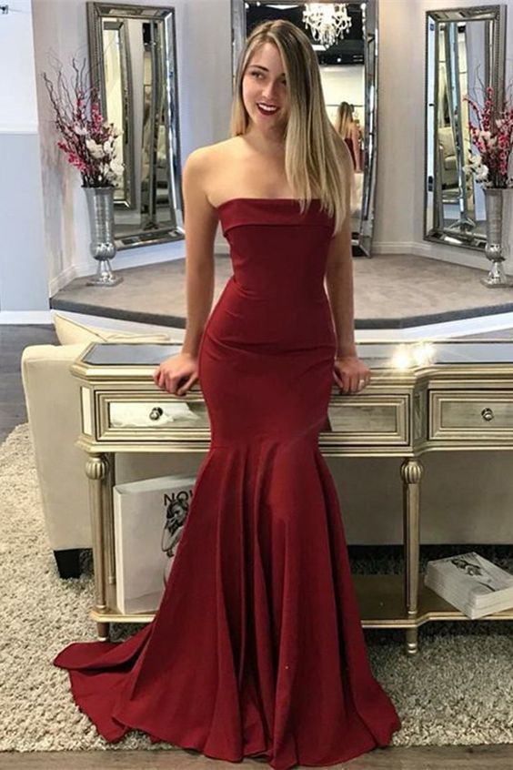Mermaid Strapless Sleeveless ,Sweep Train, Burgundy Prom Dress ,Long Prom Dress cg15296