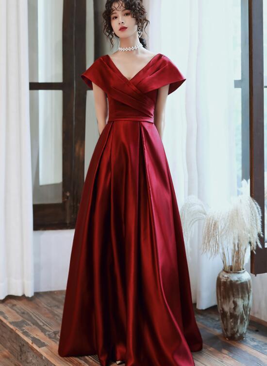 Fashionable Wine Red Satin A-Line Floor Length Junior Prom Dress, Long Evening Dress cg15303