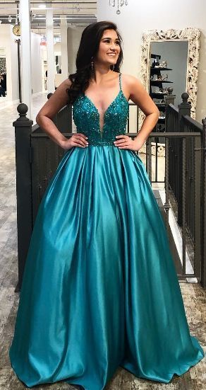 Gorgeous Beaded Top Teal Satin Long Prom Dress cg15330