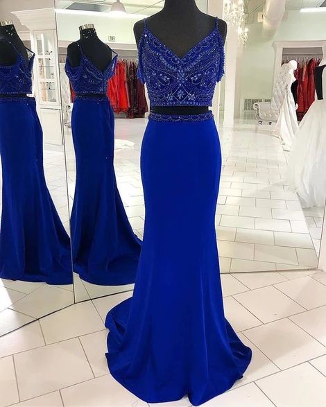 Two Piece Mermaid Beading Royal Blue Prom Dress cg15336
