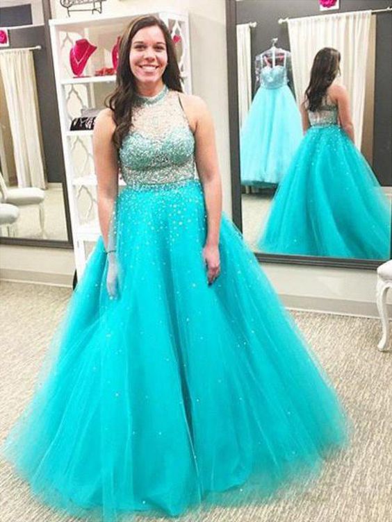 Ball Gown High Neck Sleeveless Beading Floor-Length Tulle Plus Size Dresses - Plus Size Prom Dresses cg15338
