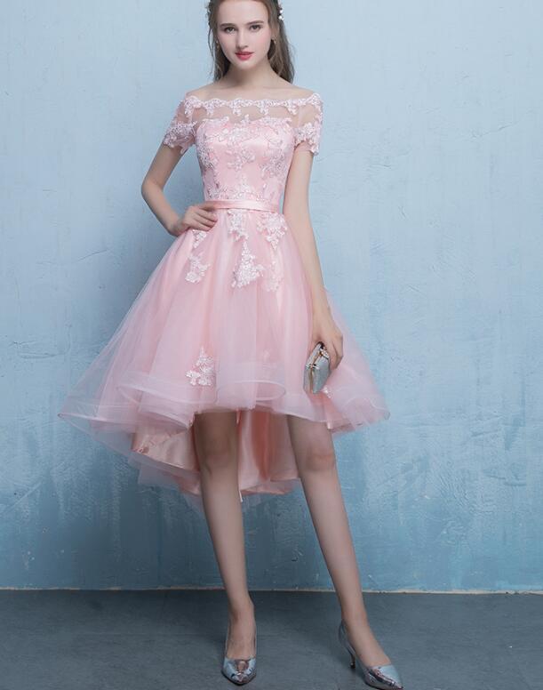 Cute Pink High Low Off Shoulder homecoming Dress 2021, Pink Formal Dress cg15351