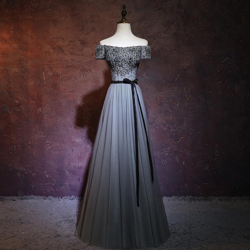Charming Grey A-Line Off Shoulder Prom Dress, Floor Length Formal Dress cg15352