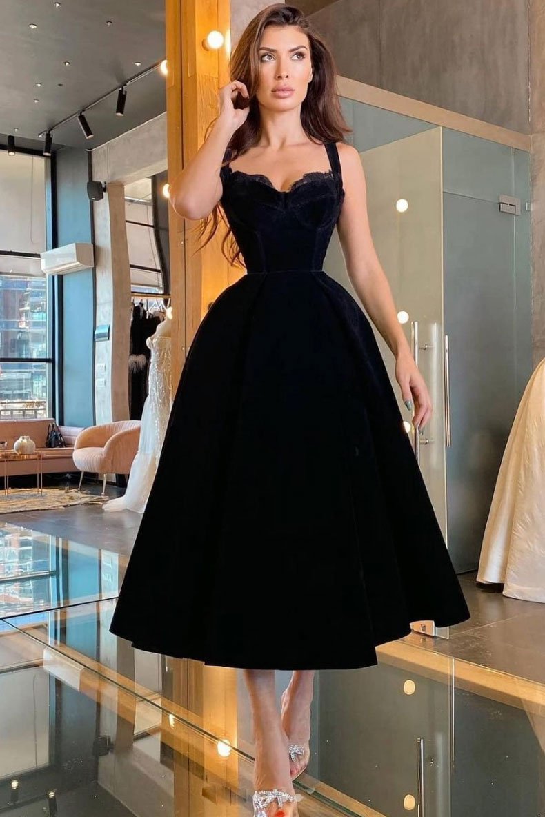Black sweetheart velvet prom dress tea length black evening dress cg15353