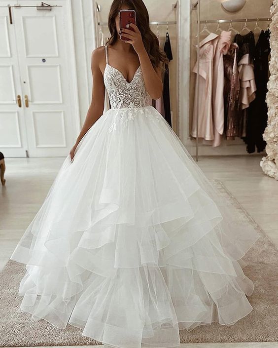 Spaghetti Straps Ivory Lace Bodice Ruffled Prom Dress cg15363