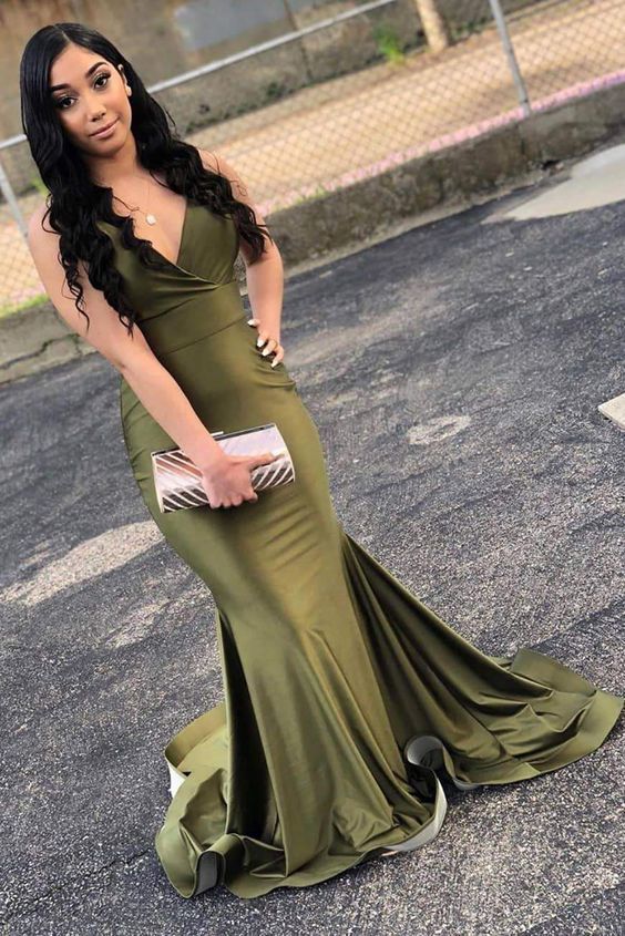 A-line V Neck Mermaid Long Prom Dress With Train cg15373