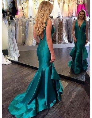 Mermaid Deep V-Neck Backless Turquoise Prom Dress with Ruffles cg15374
