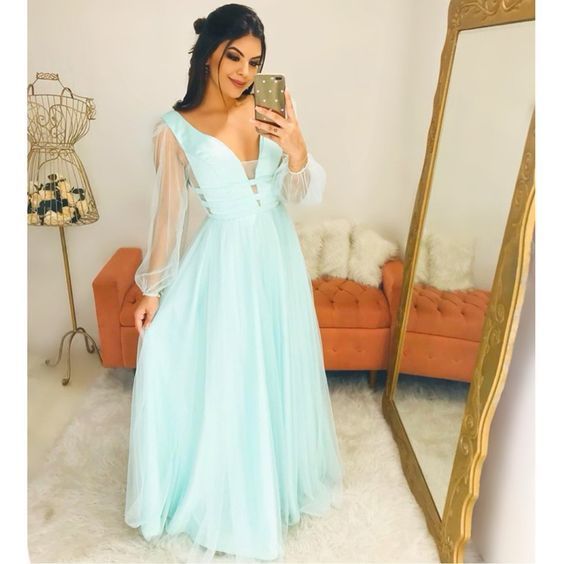 Elegant A-line Long Prom Dresses Mint Green Tulle Long Sleeves cg15379