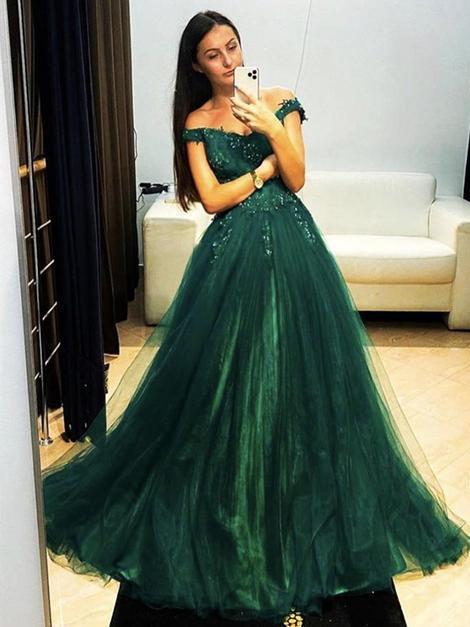 Off Shoulder Dark Green Lace Long Prom Dresses, Dark Green Lace Formal Graduation Evening Dresses cg15381