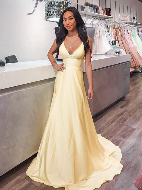 V Neck Yellow Satin Long Prom Dresses, Long Yellow Formal Graduation Evening Dresses cg15382