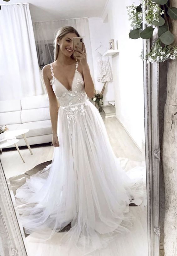 White v neck tulle lace long a line prom dress cg15396