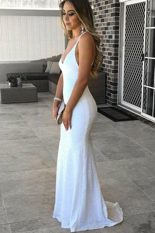 Weiße Pailletten Tiefem V-Ausschnitt Rückenfreies Langes Meerjungfrau-Abschlussballkleid Formales Abendpartykleid cg15400