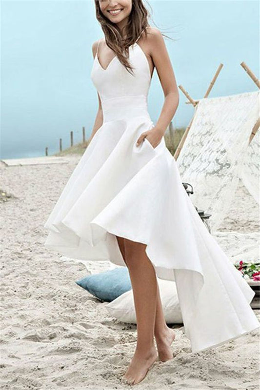 Spaghettiträger A-Linie High Low Strandhochzeits-Ballkleid cg1541
