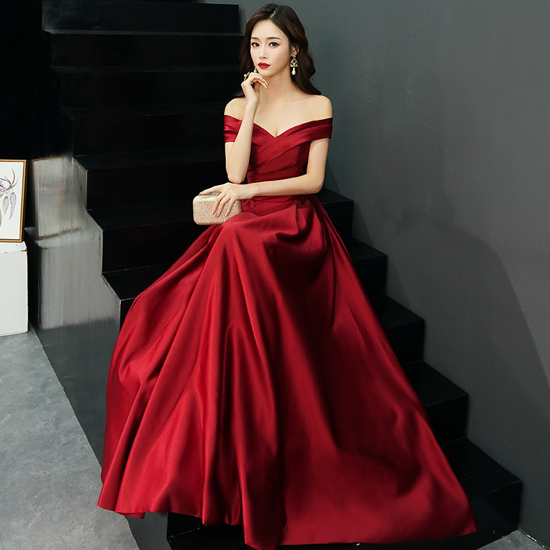 BURGUNDY V NECK SATIN LONG PROM DRESS, BURGUNDY EVENING DRESS cg15414