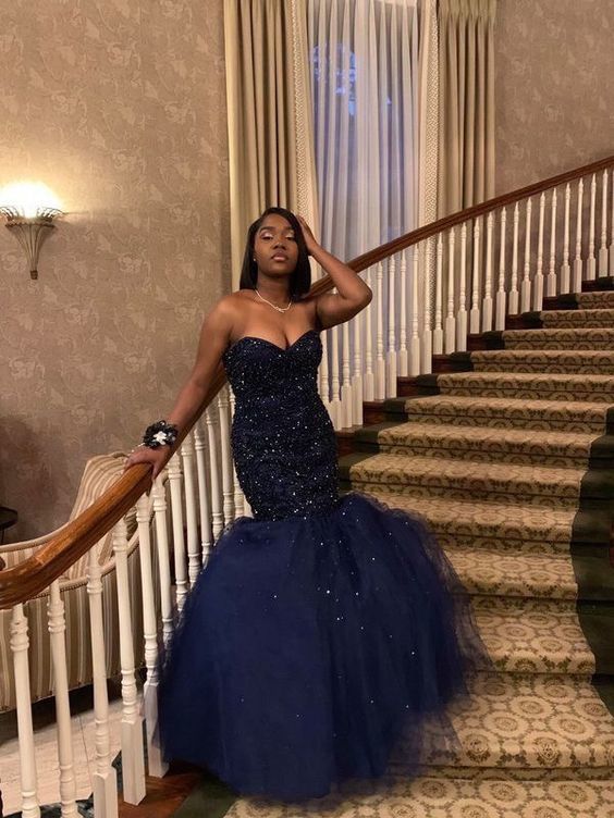 Sweetheart Navy Blue Mermaid Prom Dress With Beading cg15422