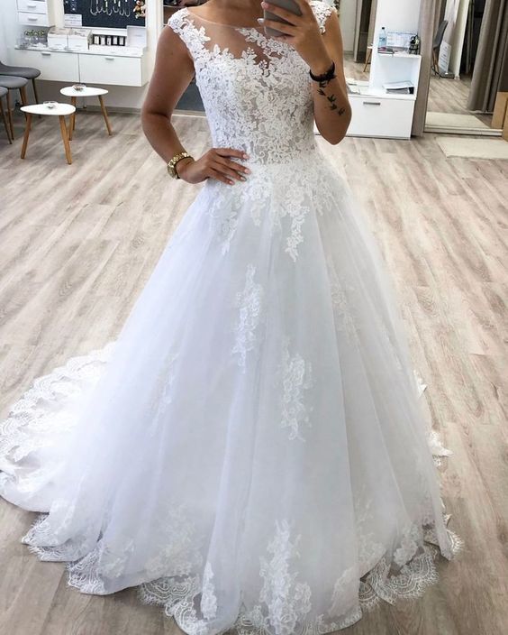 White Scoop Lace Long Prom Dresses cg15427