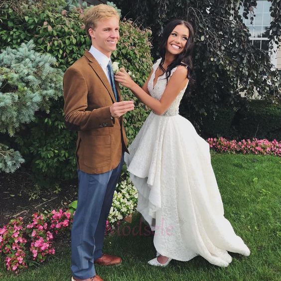 Gorgeous White High Low Formal Gowns,Charming Sleeveless V Neck Prom Dresses cg15441
