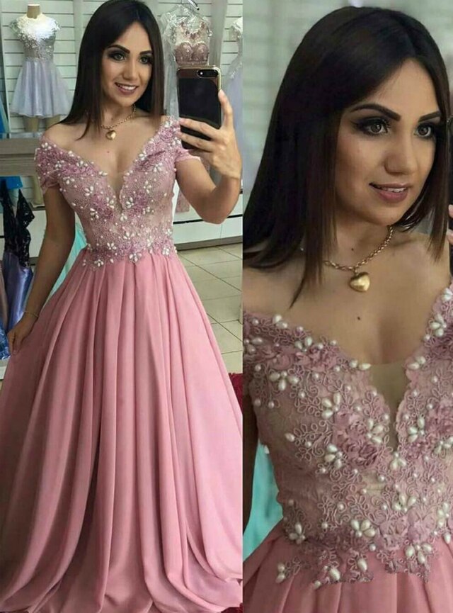 A-Line Pink Chiffon Off the Shoulder Appliques Prom Dress cg15449