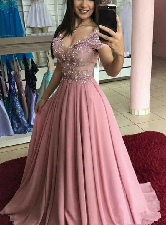 A-Line Pink Chiffon Off the Shoulder Appliques Prom Dress cg15449