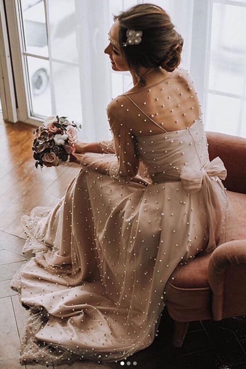 Champagne round neck tulle beads long prom dress cg15453