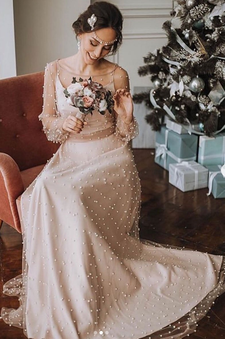 Champagne round neck tulle beads long prom dress cg15453