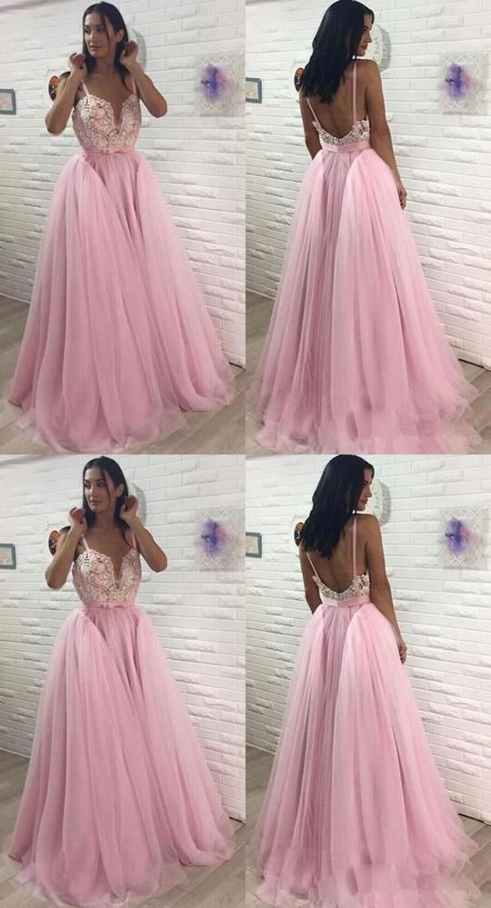 Pink V-Neck Backless Long Prom Dresses cg15458