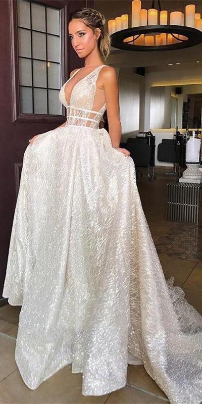 V-neck Sequin Tulle Wedding prom Gown cg15490