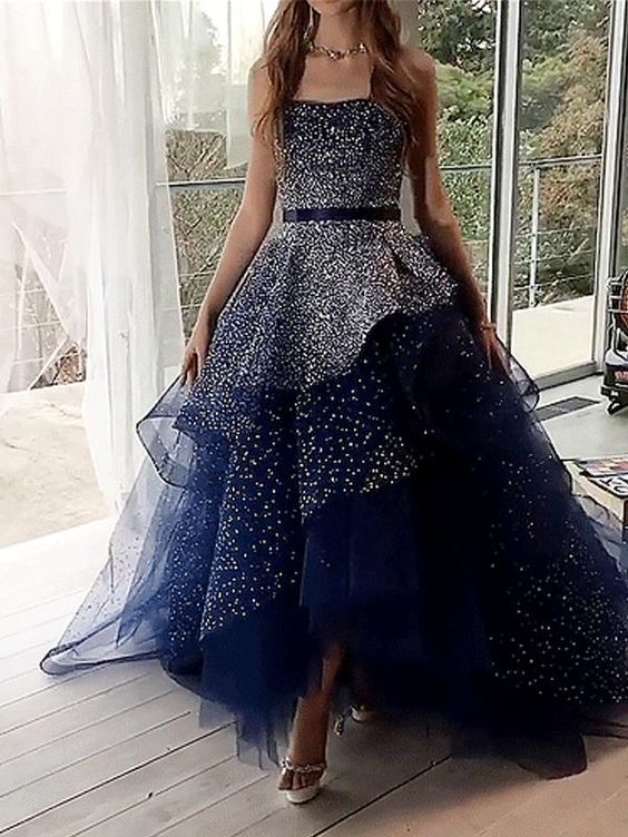 Navy Tulle Silver Beading Sequin Ball Gown Prom Dresses cg15501