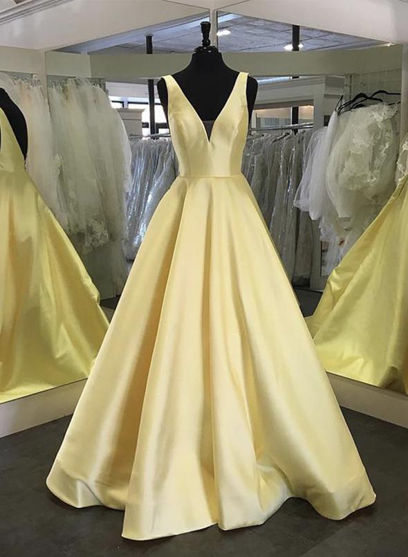 Yellow v neck satin long prom dress evening dress cg15509