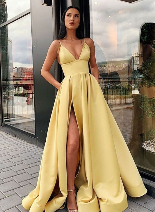 Schlichtes langes Ballkleid aus Satin mit V-Ausschnitt, Abendkleid cg1551