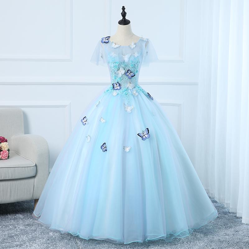Beautiful Light Blue Tulle Long Prom Dress, Ball Gown Blue Sweet 16 Dresses cg15510