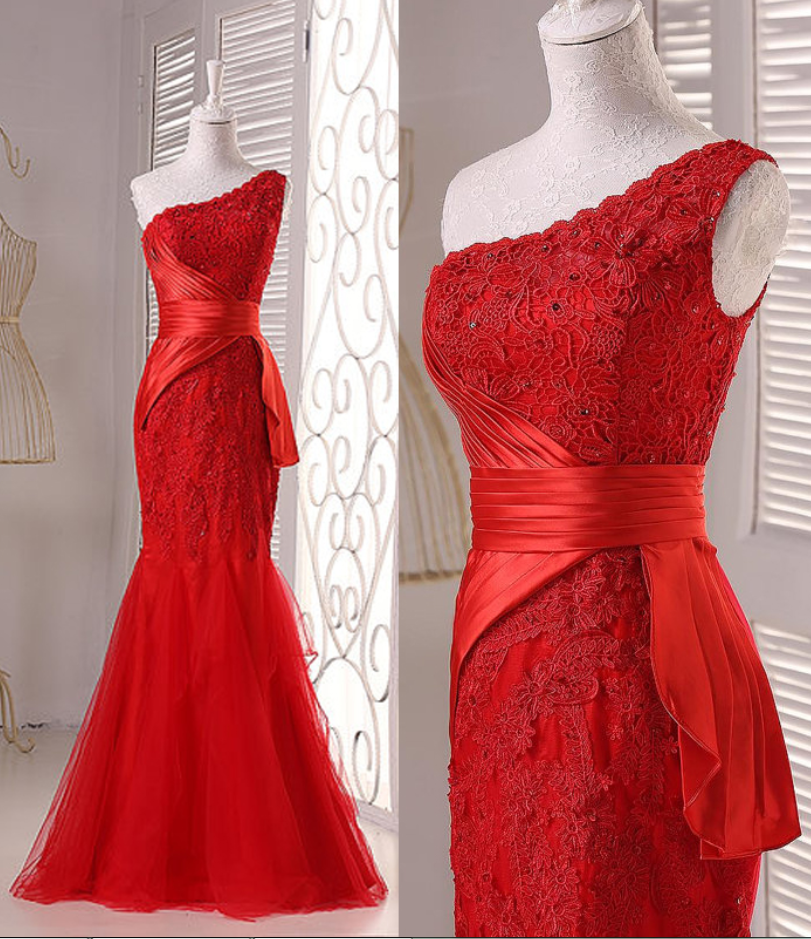 Elegant One Shoulder Red Lace Mermaid Wedding Party Dress, Red Prom Dress 2021 cg15511