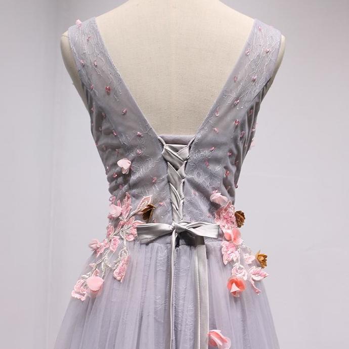 Dark Grey V-neckline Tulle with Flowers Long Prom Dress cg15522