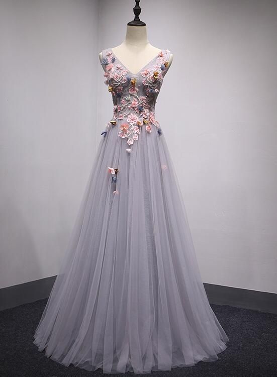 Dark Grey V-neckline Tulle with Flowers Long Prom Dress cg15522