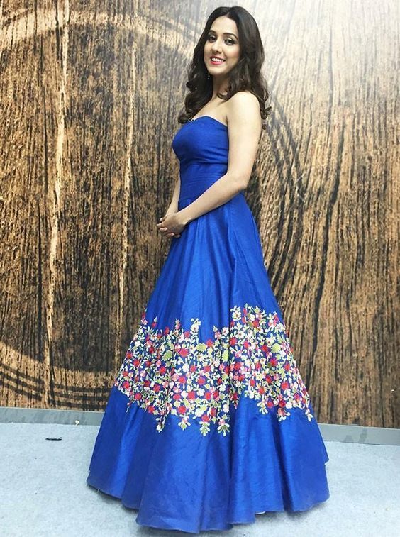 A-Line Strapless Floor Length Blue Floral Satin Prom Dress cg15539
