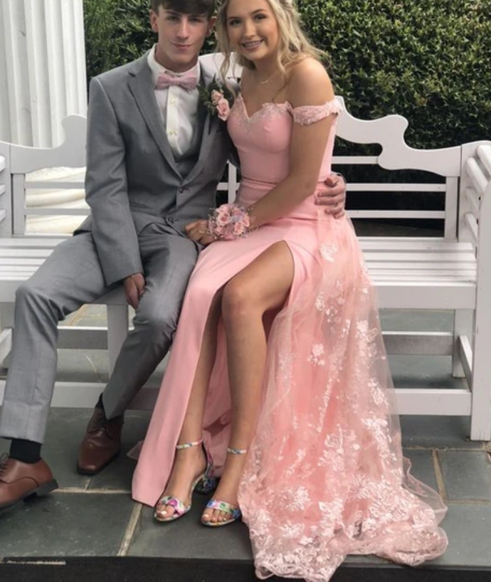 off the shoulder prom dress ,lace prom dress with slit cg15553