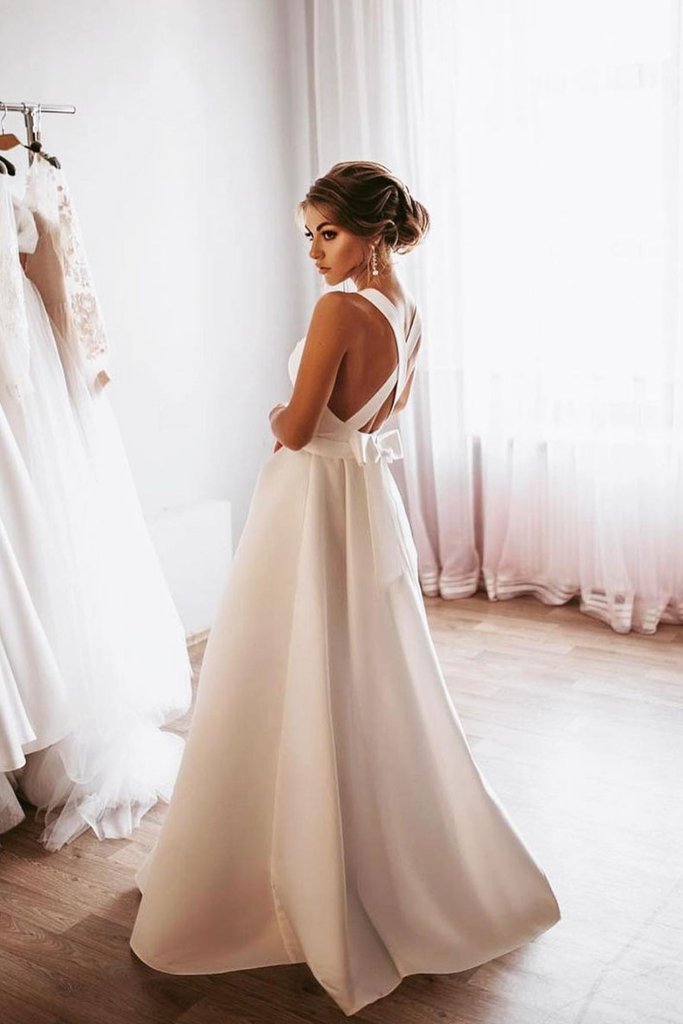 Weißes langes Ballkleid aus Satin in A-Linie, rückenfrei, Brautjungfernkleid, cg15573