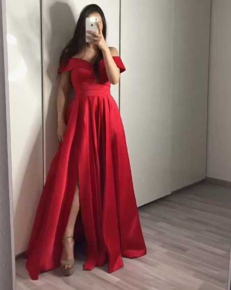 A-line V-neck Satin Off Shoulder Long Prom Dresses cg15603
